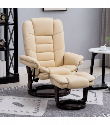 HOMCOM Swivel Manual Recliner and Footrest Set PU Leather Lounge Chair Beige