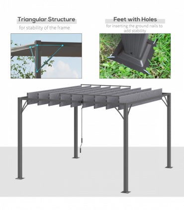Outsunny 3 x 3(m) Outdoor Louvered Metal Pergola with Retractable Roof, Grey