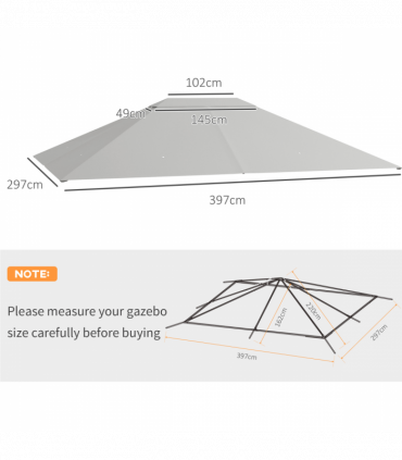Outsunny 3 x 4m Gazebo Canopy Replacement Gazebo Roof Cover, Light Grey