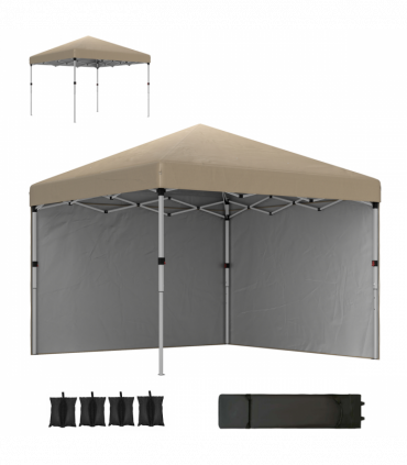 Outsunny 3x3 (M) Pop Up Gazebo Party Tent w/ 2 Sidewalls, Weight Bags Khaki