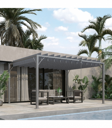 Outsunny 4 x 3(m) Outdoor Louvered Metal Pergola with Retractable Roof, Grey