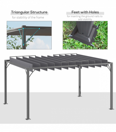 Outsunny 4 x 3(m) Outdoor Louvered Metal Pergola with Retractable Roof, Grey