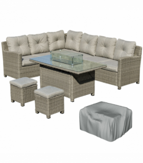 Outsunny 5 PCs Outdoor PE Rattan L-Shape Sofa Footstool Fire Pit Table Set