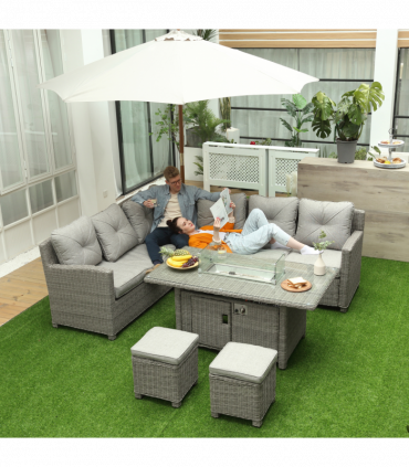 Outsunny 5 PCs Outdoor PE Rattan L-Shape Sofa Footstool Fire Pit Table Set