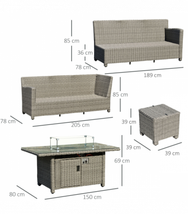 Outsunny 5 PCs Outdoor PE Rattan L-Shape Sofa Footstool Fire Pit Table Set