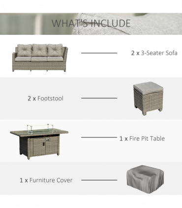 Outsunny 5 PCs Outdoor PE Rattan L-Shape Sofa Footstool Fire Pit Table Set