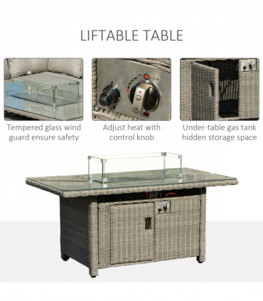 Outsunny 5 PCs Outdoor PE Rattan L-Shape Sofa Footstool Fire Pit Table Set