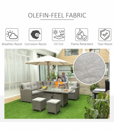 Outsunny 5 PCs Outdoor PE Rattan L-Shape Sofa Footstool Fire Pit Table Set