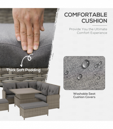 Outsunny 6 PCs Rattan Garden Furniture Sectional Corner Sofa, Light Grey