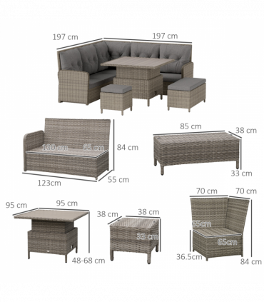 Outsunny 6 PCs Rattan Garden Furniture Sectional Corner Sofa, Light Grey
