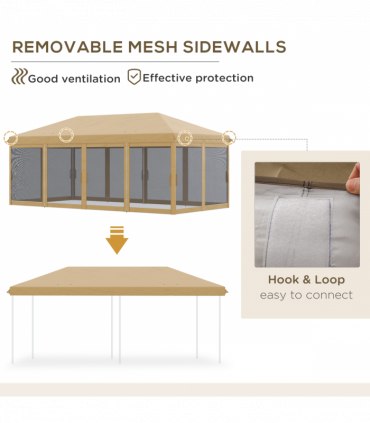 Outsunny 6 x 3m Pop Up Party Tent Canopy with 6 Removable Sidewalls Beige