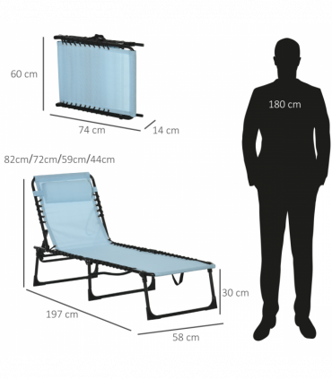 Outsunny Folding Beach Chair Chaise Lounge 4 Adjustable Positions, Baby Blue