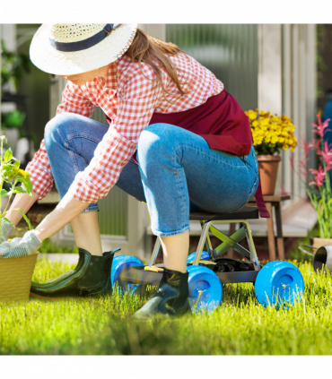 Outsunny Garden Cart with Wheels, Tool Tray for Weeding, Planting, Blue
