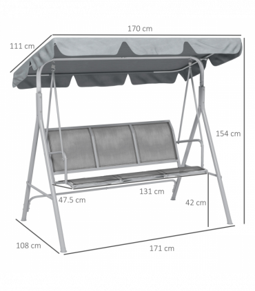 Outsunny Metal Swing Chair Garden Hammock 3 Seater Patio Bench with Canopy, Grey