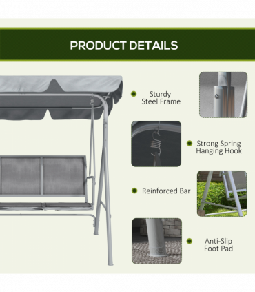 Outsunny Metal Swing Chair Garden Hammock 3 Seater Patio Bench with Canopy, Grey