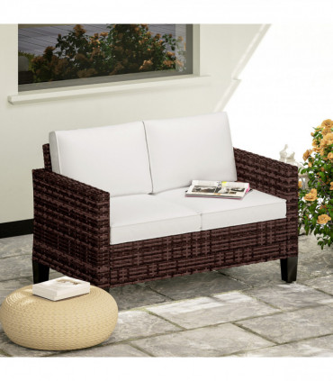 Outsunny Rattan Sofa with Cushions, 2 Seater Garden Furniture, Brown