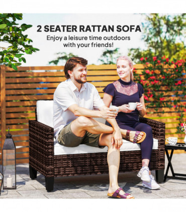 Outsunny Rattan Sofa with Cushions, 2 Seater Garden Furniture, Brown