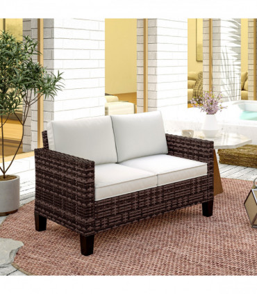 Outsunny Rattan Sofa with Cushions, 2 Seater Garden Furniture, Brown