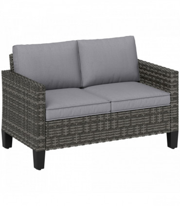 Outsunny Rattan Sofa with Cushions, 2 Seater Garden Furniture, Dark Grey