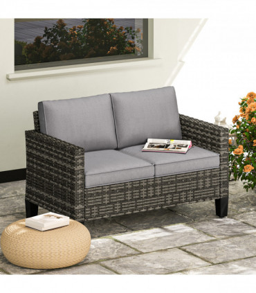 Outsunny Rattan Sofa with Cushions, 2 Seater Garden Furniture, Dark Grey
