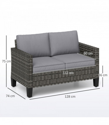 Outsunny Rattan Sofa with Cushions, 2 Seater Garden Furniture, Dark Grey