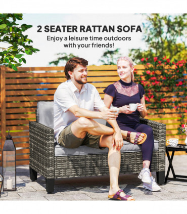 Outsunny Rattan Sofa with Cushions, 2 Seater Garden Furniture, Dark Grey