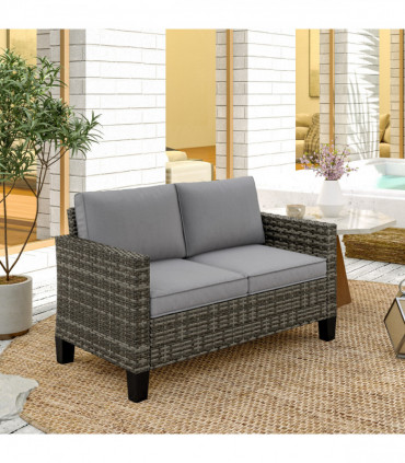 Outsunny Rattan Sofa with Cushions, 2 Seater Garden Furniture, Dark Grey