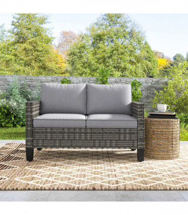 Outsunny Rattan Sofa with Cushions, 2 Seater Garden Furniture, Dark Grey