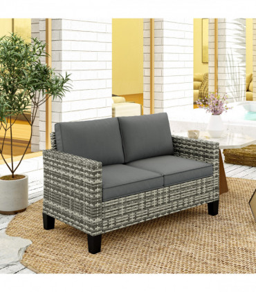 Outsunny Rattan Sofa with Cushions, 2 Seater Garden Furniture, Light Grey