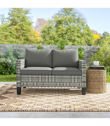 Outsunny Rattan Sofa with Cushions, 2 Seater Garden Furniture, Light Grey