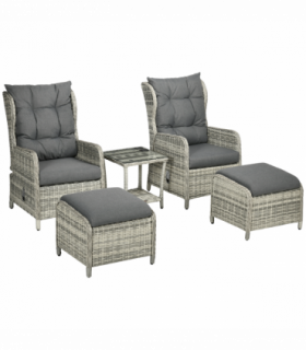 Outsunny Recliner Rattan Sun Lounger w/ Two-tier Table & Cushions, Mixed Grey