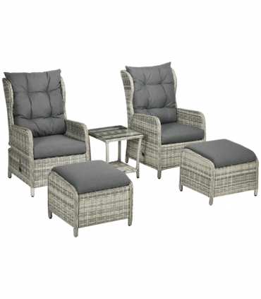 Outsunny Recliner Rattan Sun Lounger w/ Two-tier Table & Cushions, Mixed Grey