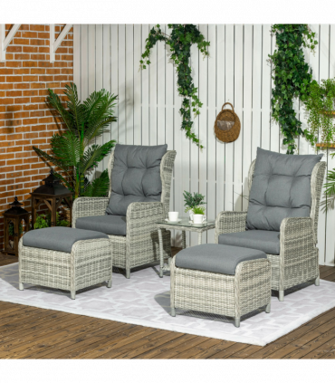 Outsunny Recliner Rattan Sun Lounger w/ Two-tier Table & Cushions, Mixed Grey
