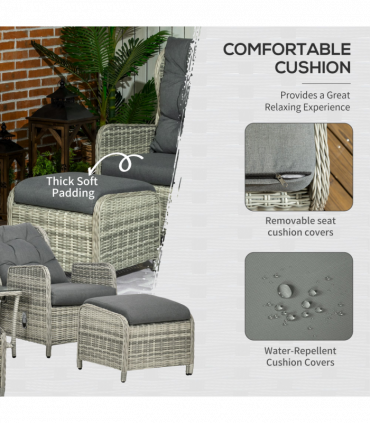 Outsunny Recliner Rattan Sun Lounger w/ Two-tier Table & Cushions, Mixed Grey