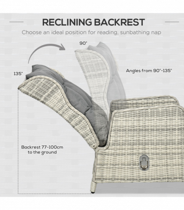 Outsunny Recliner Rattan Sun Lounger w/ Two-tier Table & Cushions, Mixed Grey