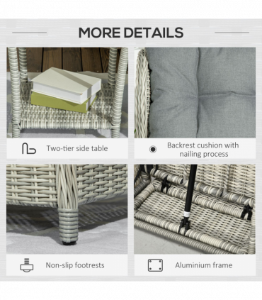 Outsunny Recliner Rattan Sun Lounger w/ Two-tier Table & Cushions, Mixed Grey