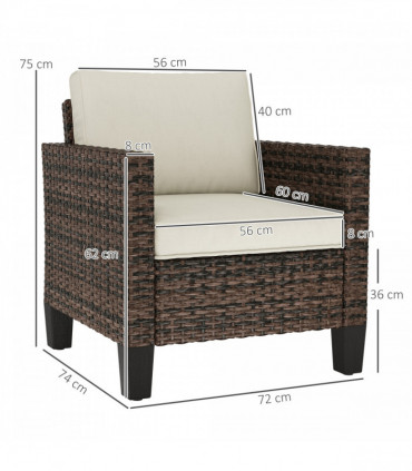 Outsunny Single Rattan Chair, Garden Armchair with Cushions, Brown