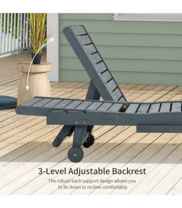 Outsunny Wooden Sun Lounger Outdoor Patio Sun Bed w/ Pull-out Table Grey