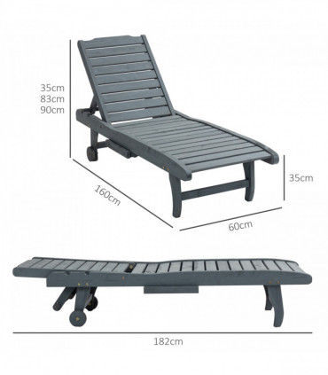 Outsunny Wooden Sun Lounger Outdoor Patio Sun Bed w/ Pull-out Table Grey