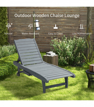 Outsunny Wooden Sun Lounger Outdoor Patio Sun Bed w/ Pull-out Table Grey