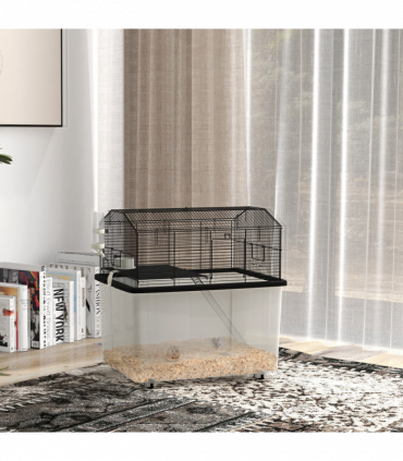 PawHut Hamster Cage, Two-Tier Gerbil Cage w/ Deep Bottom, Ramp, Food Dish