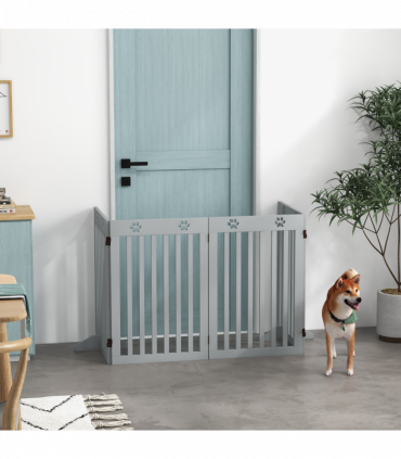 PawHut Pet Gate Foldable Fence Freestanding Dog Barrier w/ Support Feet Grey