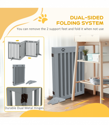 PawHut Pet Gate Foldable Fence Freestanding Dog Barrier w/ Support Feet Grey