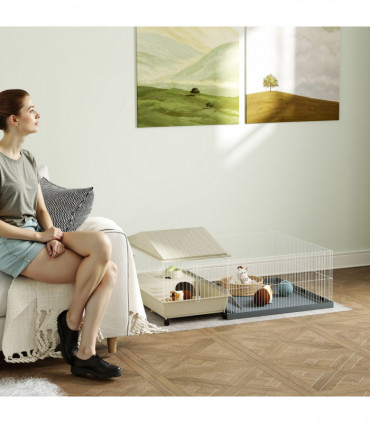 PawHut Small Animal Cage, Guinea Pig Cage with Removable Pet Playpen, Beige