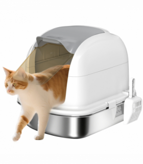 PawHut Stainless Steel Cat Litter Tray with Lid