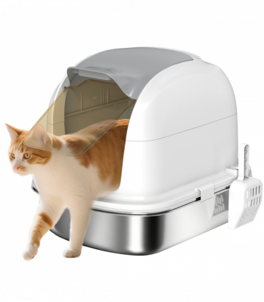 PawHut Stainless Steel Cat Litter Tray with Lid