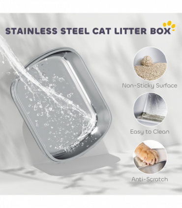 PawHut Stainless Steel Cat Litter Tray with Lid