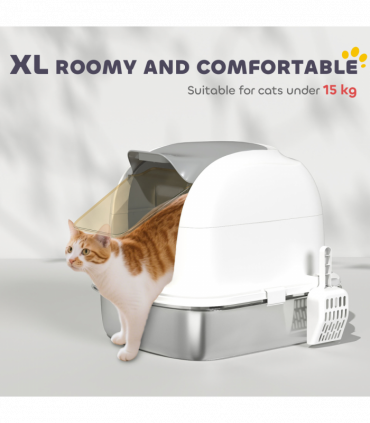 PawHut Stainless Steel Cat Litter Tray with Lid