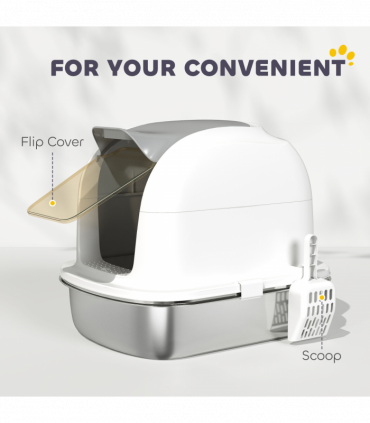 PawHut Stainless Steel Cat Litter Tray with Lid