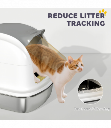 PawHut Stainless Steel Cat Litter Tray with Lid